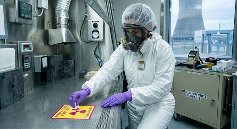 Technician in full PPE and respirator performing radioactive surface sampling with a contamination smear in a nuclear facility laboratory.